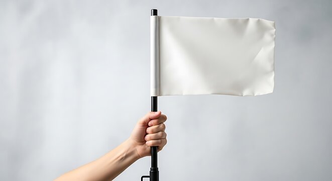 A hand holding a white flag on a black stick, signaling surrender.