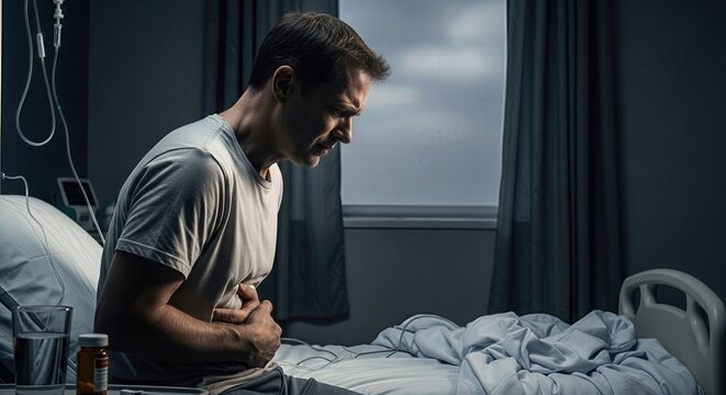 Mature man, experiencing severe abdominal pain, a critical symptom of pancreatitis, receiving urgent medical care in a hospital bed, indicating a serious digestive disorder