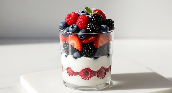 A refreshing parfait dessert featuring vibrant mixed berries.