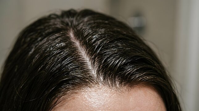 Close Up Of Dark Hair Part With Dandruff Flakes And Oily Scalp Skin Care Treatment Professional Shot