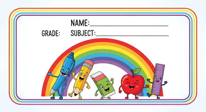Cute school supply characters with a colorful rainbow on a name tag label.