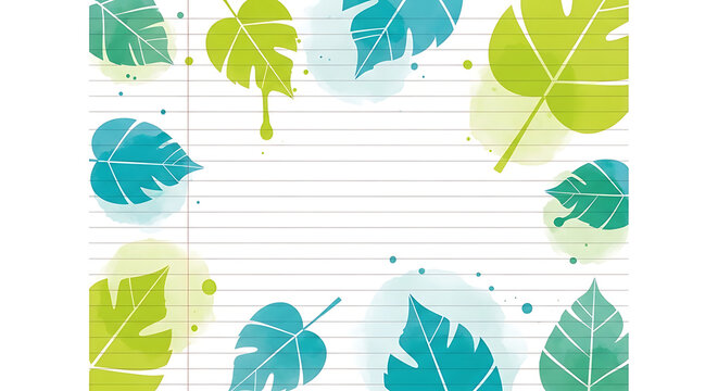 Decorative frame of tropical leaves in green and blue watercolor style.
