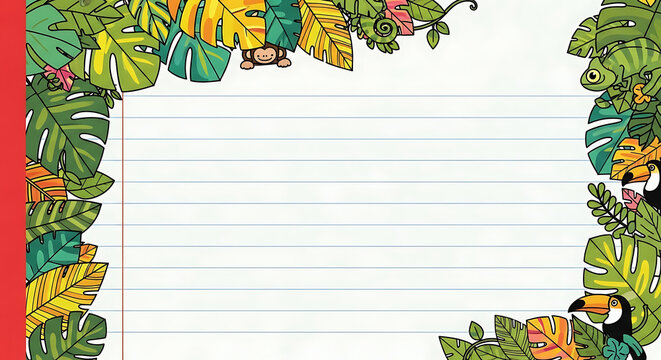 Cute tropical jungle themed writing paper with animal characters and exotic leaves.