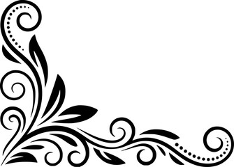 Fototapeta premium Black swirl floral corner ornament with leaves and dots white background