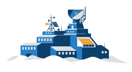 An illustration of an arctic research station with satellite dishes and solar panels. © Anis