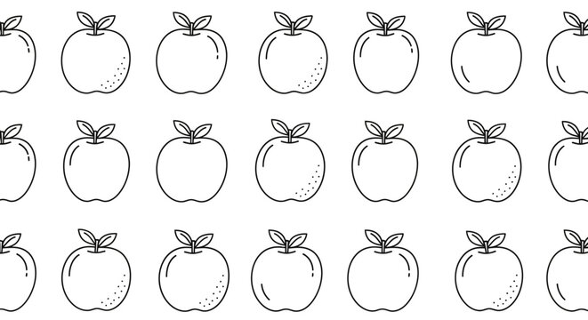 A clean and simple seamless pattern of line art apples on a white background.