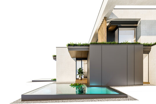 3d rendering of two-story house with parking and pool for sale or rent with concrete facade and beautiful landscaping on background. Clear sunny day isolated on white