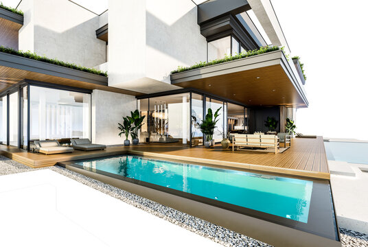 3d rendering of two-story house with parking and pool for sale or rent with concrete facade and beautiful landscaping on background. Clear sunny day isolated on white