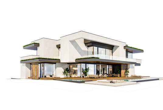 3d rendering of two-story house with parking and pool for sale or rent with concrete facade and beautiful landscaping on background. Clear sunny day isolated on white