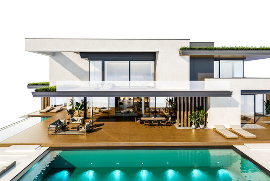 3d rendering of two-story house with parking and pool for sale or rent with concrete facade and beautiful landscaping on background. Clear sunny day isolated on white