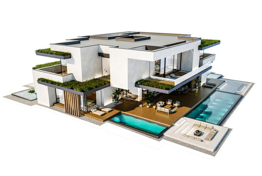 3d rendering of two-story house with parking and pool for sale or rent with concrete facade and beautiful landscaping on background. Clear sunny day isolated on white