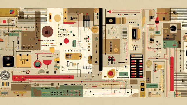 Abstract Retro Blueprint of Electronic Components and Schematics.