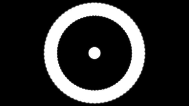 Abstract white glowing scalloped ring circle frame on black background seamless motion loop