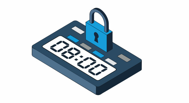 Isometric Digital Timer with Padlock Icon Showing 08:00, Concept of Scheduled Lock and Time Management