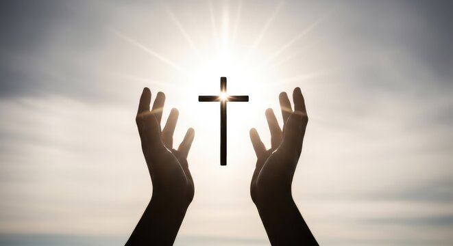 Woman silhouette with hands raised towards a glowing cross against a bright sky. Christian prayer and worship experience. Faith, spirituality, and hope concept for church community.