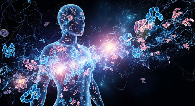 Digital Human Silhouette Featuring Complex Molecular Structures and Neural Network Connections.