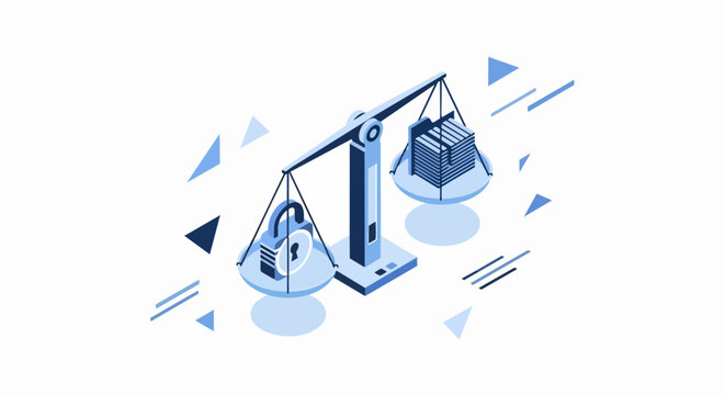 Isometric Data Security and Privacy Balance Concept: Padlock and Document Folders on Scales
