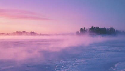 Fototapeta premium A breathtaking winter landscape featuring a serene frozen lake. Soft purple and pink hues fill the sky as mist rises from the water, creating a tranquil scene of natural beauty.