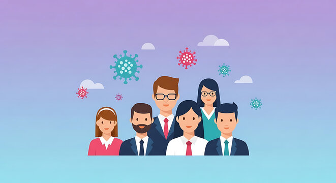 Diverse group of business professionals and the concept of virus infection.