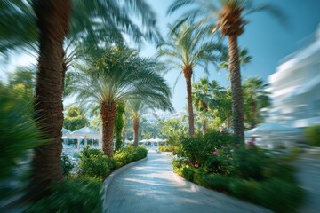 Fototapeta premium Blurred water park in resort with slides and summer family fun.