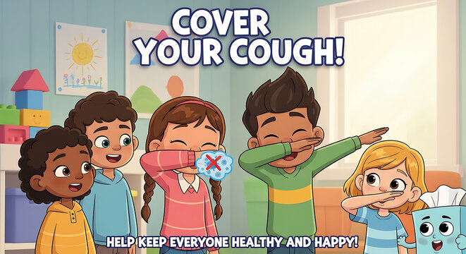 Diverse group of happy cartoon children demonstrating proper cough etiquette by covering their mouths.