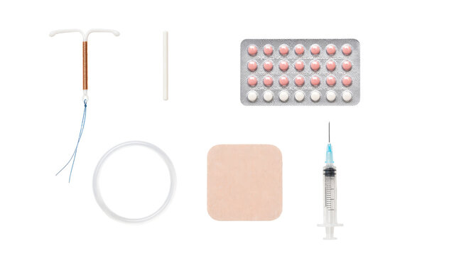Set of hormonal contraceptive methods isolated on transparent background IUD implant pills ring patch injection flat lay
