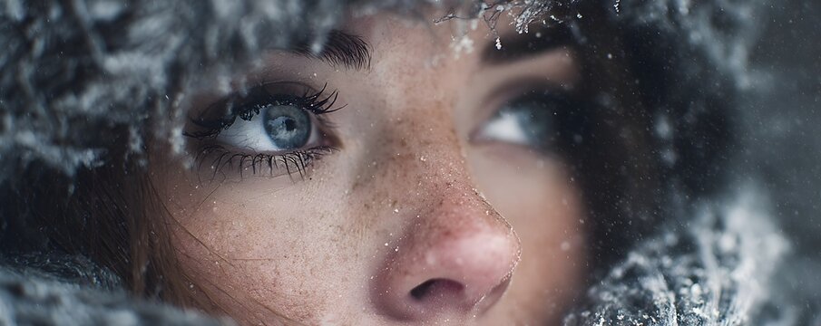 A close-up of a woman's face surrounded by snow, capturing her piercing blue eyes and freckles, evoking a sense of winter beauty and serenity in a cold environment.
