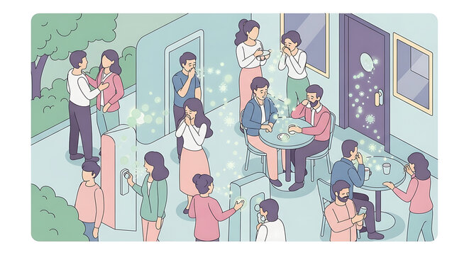 Diverse group of people interacting and socializing in a cozy cafe setting.