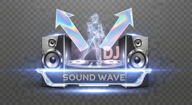 DJ music performance concept with speakers and neon light arrows.