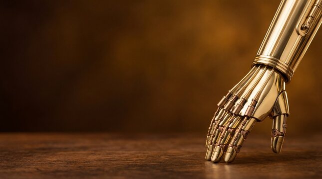Gold robotic hand reaching down on a rustic wooden surface with dark background