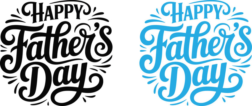 Ornate Happy Fathers Day circular typography with elegant curls and subtle flourishes in contrasting black and blue colors
