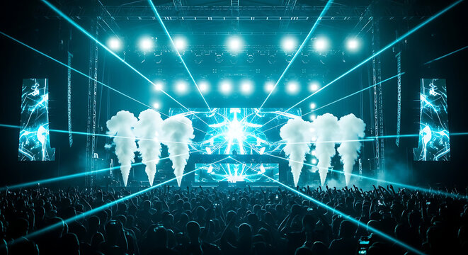Dynamic EDM Concert Stage with Pyrotechnics and Laser Light Show.