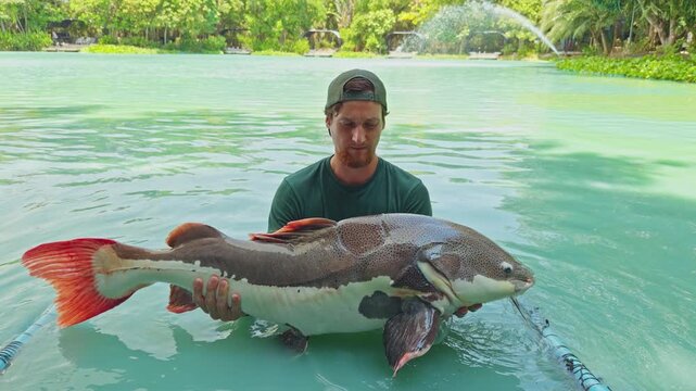Man Lifting Huge Redtail Catfish From Water In Slow Motion And Admiring Catch In Shallow Lake, Dramatic Fishing Moment With Natural Background