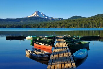 Rowboats and Kayaks Docked at Olallie Lake Resort with a Stunning View of Mount Jefferson in the Oregon High Cascades © Nick