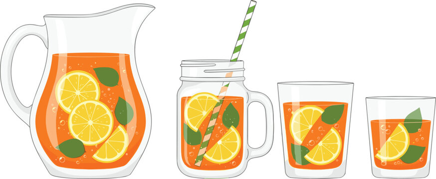 Fresh lemonade drink set. Citrus juice pitcher and glasses with lemon slices and mint. Bright summer beverage vector for menu, cafe, and healthy lifestyle design.