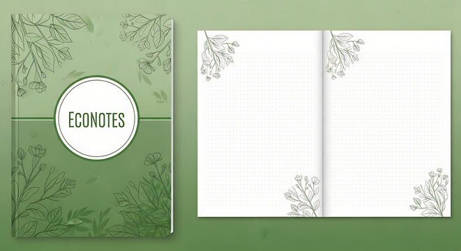 Eco friendly green notebook cover and open pages with botanical line art illustrations.
