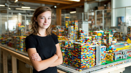 Naklejka premium Young woman with brown hair stands confidently in front of a large colorful LEGO city model, showcasing intricate buildings and structures in a creative workspace