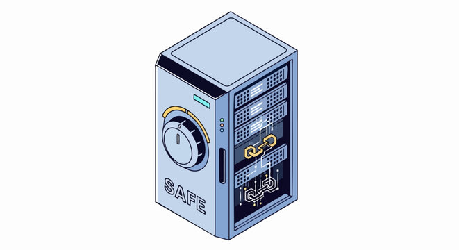 Isometric Data Server Vault Illustration Representing Cybersecurity, Blockchain Protection, and Secure Cloud Storage