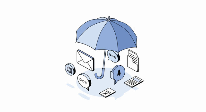 Cybersecurity and Data Protection Concept: Blue Umbrella Covering Digital Communication, Messages, and Documents in Isometric Style