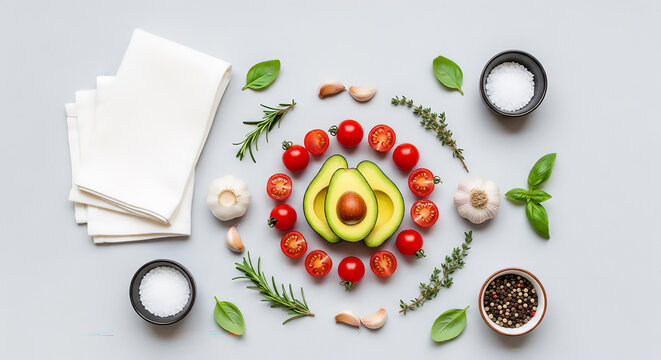 Top-down flat lay of food ingredients arranged in clean geometric composition, balanced spacing, minimal background, editorial food design style, Tomatoes, garlic, spices, salt,