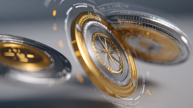 Close-up of spinning cryptocurrency coins with golden metallic sheen.
