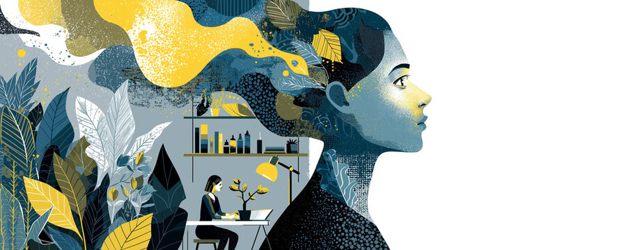 Abstract illustration of woman profile with creative thoughts and home workspace symbolizing imagination productivity and inner world