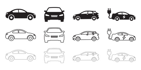 Car solid and line art icon set. car front, car side, electric car, car charging, stock vector on a white background © Active-Forhad