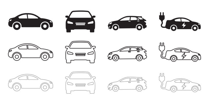 Car solid and line art icon set. car front, car side, electric car, car charging, stock vector on a white background