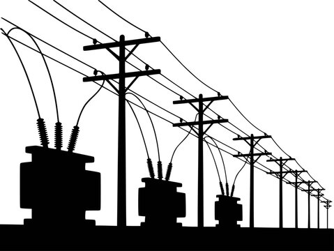 Silhouette of electrical transformers and power lines against a white background
