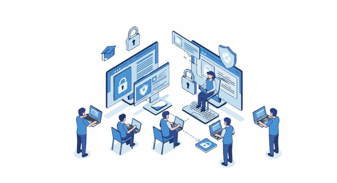 Cybersecurity Training and Data Privacy Isometric Illustration, People Learning Information Security and Digital Protection on Laptops and Computer Screens