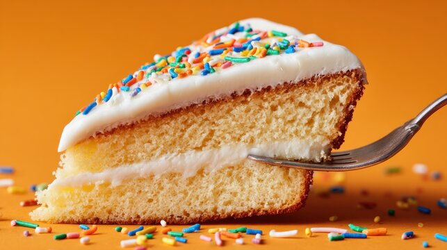 Delicious Slice of Vanilla Cake with White Frosting and Sprinkles.