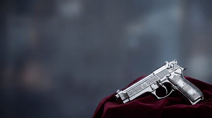 Naklejka premium Shiny engraved handgun resting on red velvet fabric with empty space