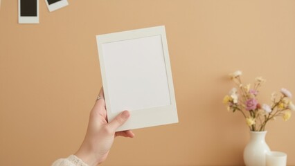 Obraz premium Hand holding blank white card. Craft supplies for creating personalized greeting cards.