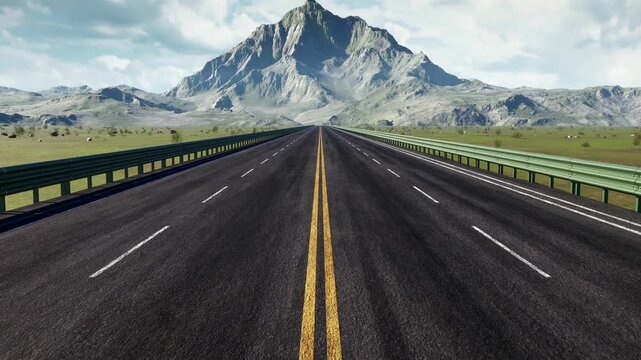 The road extends towards the three-dimensional mountains in the distance.